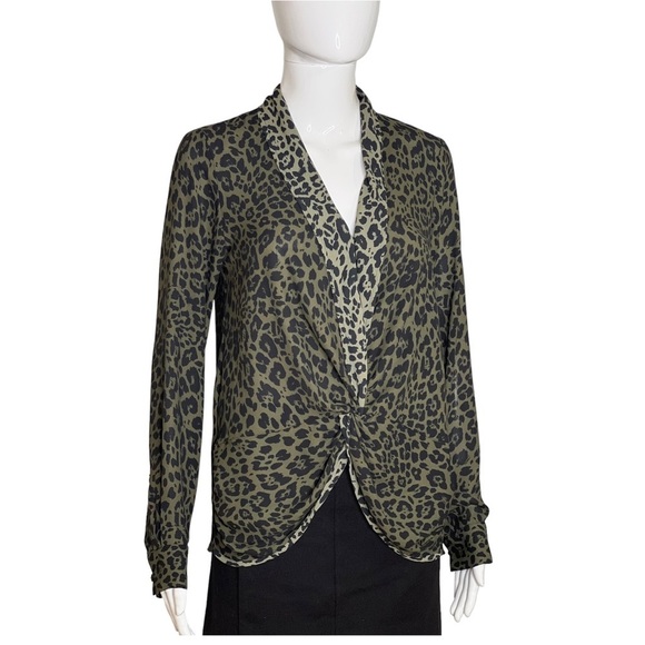 Express Women Size XS Blouse Green Black Animal Print Twist Front Long Sleeve - Picture 5 of 14